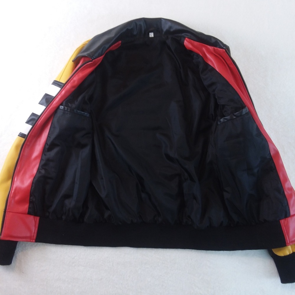 8 Ball Jacket Mens Retro Style Bomber Full Zip Red Yellow Black Faux Leather Lg - Picture 9 of 16